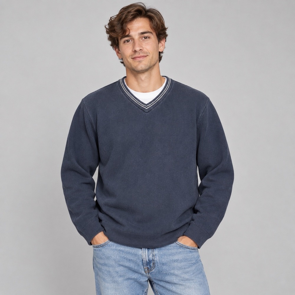 Vintage Old Navy Sweater Mens Large Blue V-Neck Cotton Knit Long Sleeve Pullover